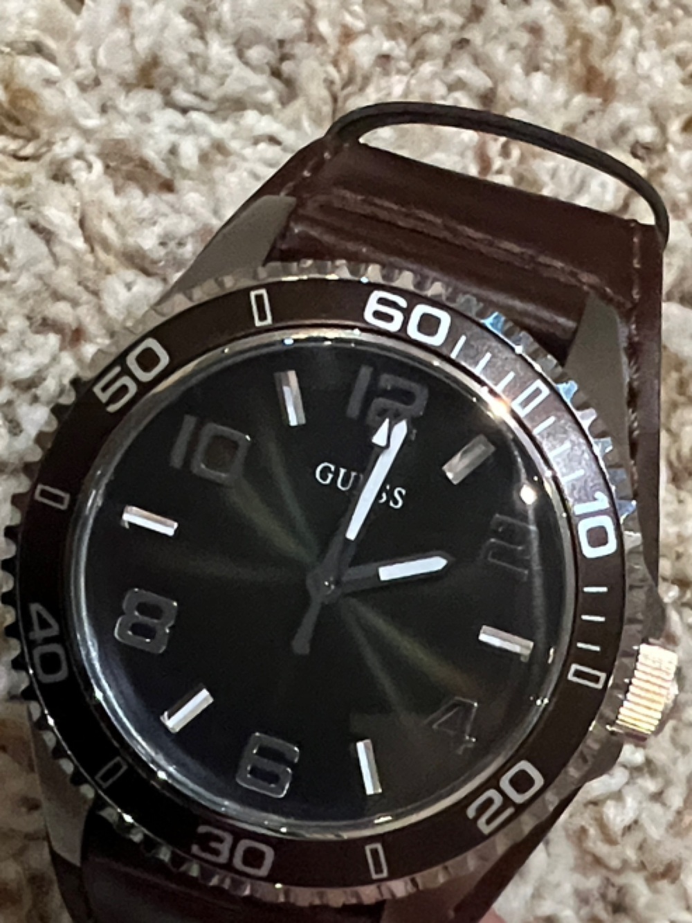 Guess Men's Brown Leather Strap Watch with Dark Green Dial